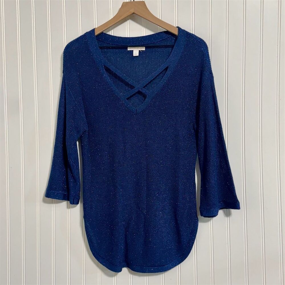 Westport 1962 Metallic Knit Top S Blue Shimmer Criss Cross V-Neck Sweater Blouse